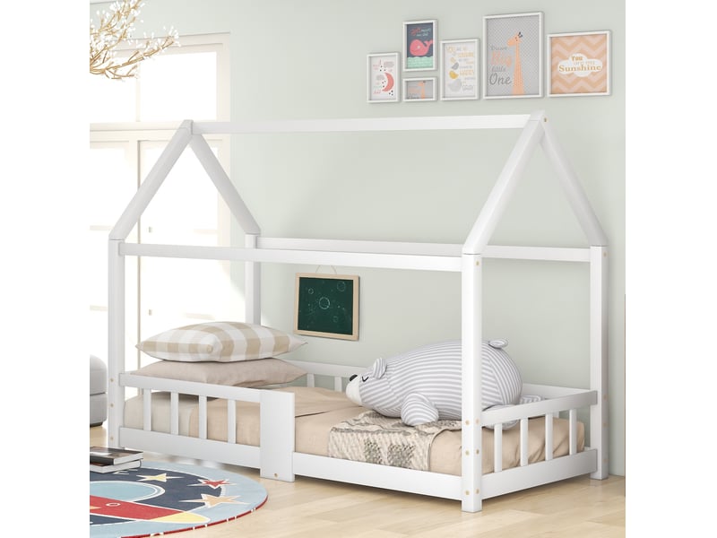  Lit enfant cabane 90x200 cm avec tableau et barrières de protection blanc  - Conforama C
