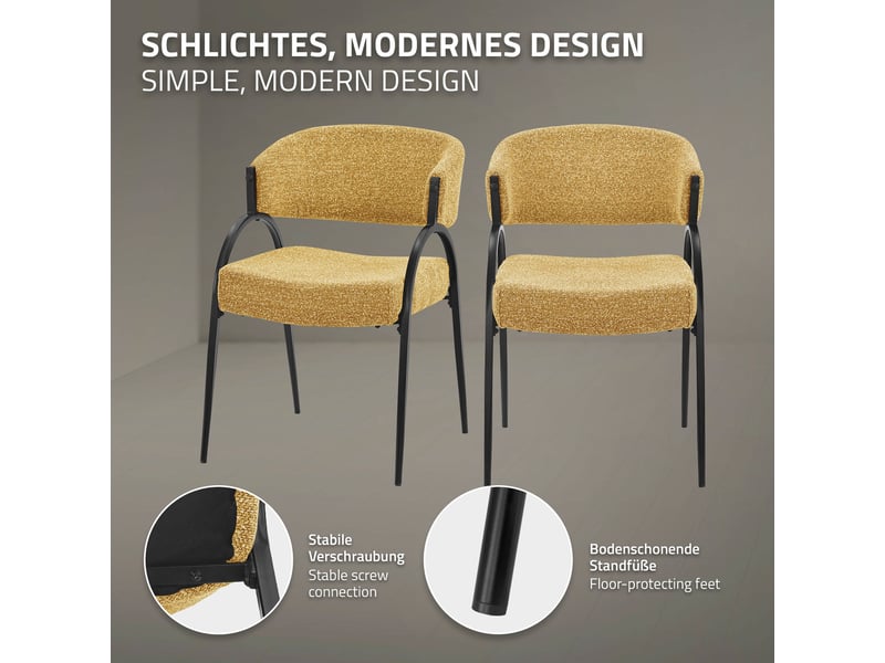  Ml-design lot de 2 chaises de salle à manger rembourrées en tissu bouclé, avec accoudoirs et dossier incurvée, cadre en acier, rembourrage confortable, pour salon cuisine bureau, 120 kg, moutarde ECD Germany GmbH - Conforama C