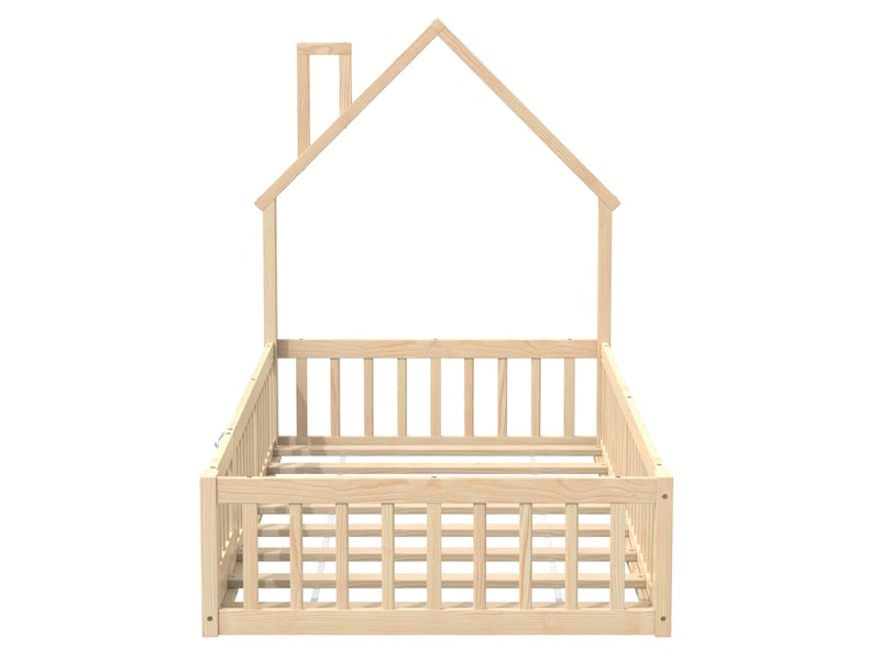  Lit maison enfant 90x200cm, forme cheminée, sommier lattes inclus, bois pin, sécurité 120kg, sans matelas, naturel  - Conforama R