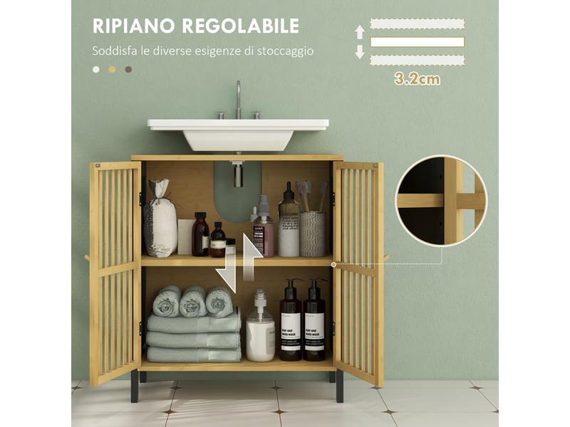  Meuble sous lavabo 60 x 30 x 70 cm, bambou et mdf, 2 portes à lattes, découpe en u  - Conforama W