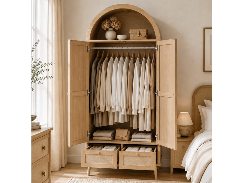  Armoire avec 2 portes, 2 tiroirs et niche ouverte, en mdf et rotin pe, pour chambre, chêne, 80 × 55 × 180 cm  - Conforama C