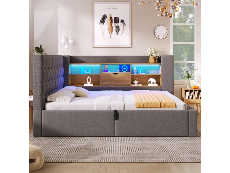  Lit double 140x190 avec led et ports usb, lit coffre hydraulique, tête de lit en l, tissu lin gris  - Conforama B