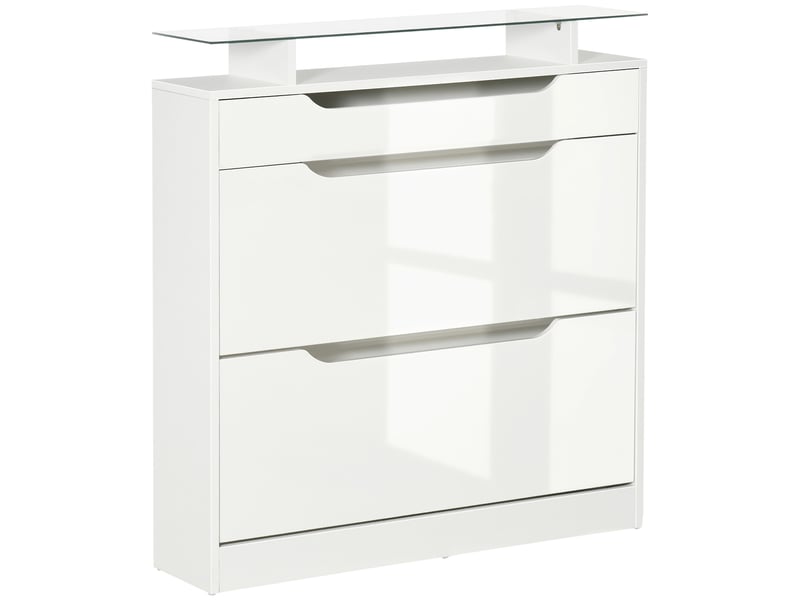  Meuble à chaussures 2 portes étroit, pour 16 paires, avec tiroir, étagère ouverte et plateau verre. Idéal entrée, couloir, 89 x 23 x 96 cm, blanc  - Conforama A