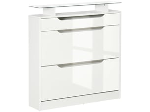 Meuble à chaussures 2 portes étroit, pour 16 paires, avec tiroir, étagère ouverte et plateau verre. Idéal entrée, couloir, 89 x 23 x 96 cm, blanc