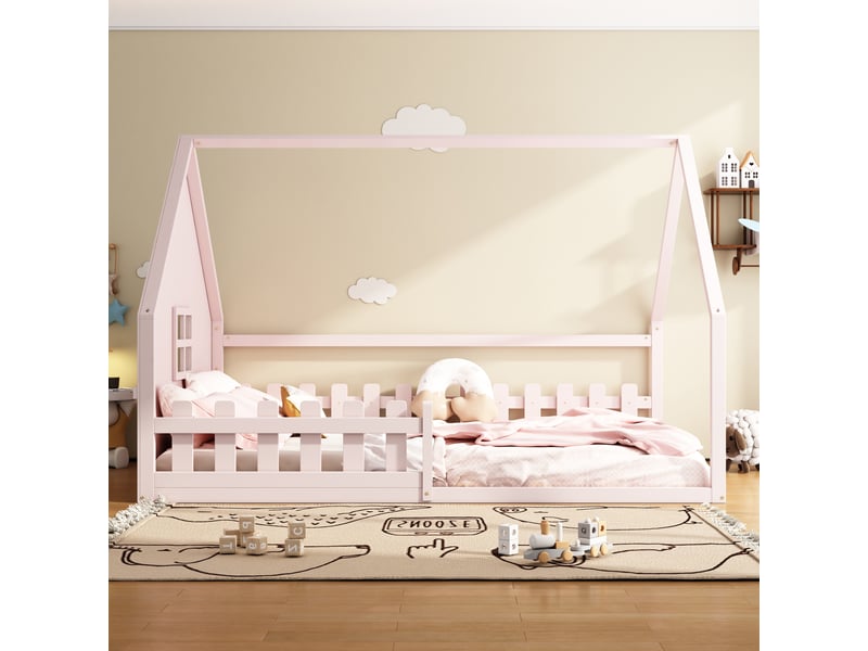  Lit cabane enfant 140x200, lit enfant rose en bois de pin, cadre de lit avec barrière de sécurité, design maison, 140x200 cm  - Conforama D