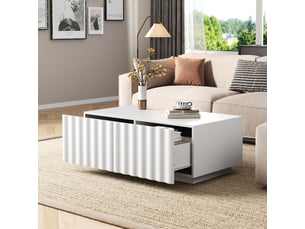 Table basse blanche avec 2 tiroirs 100x50cm - table de salon moderne minimaliste motif ondulé en mdf