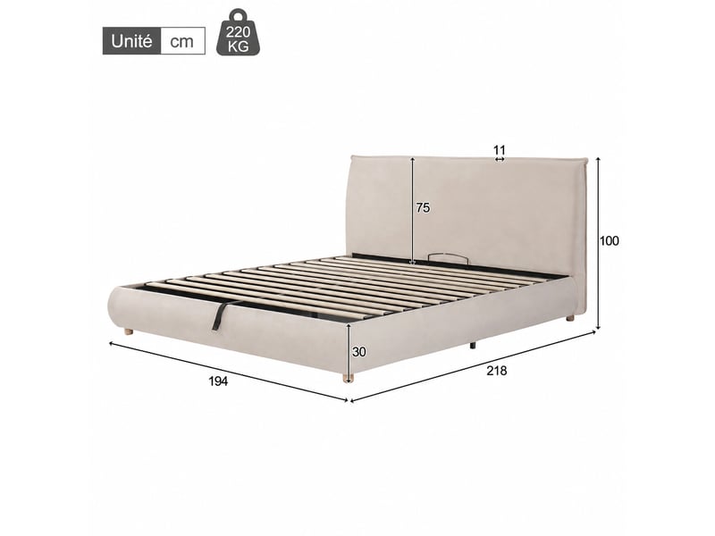  Lit coffre 180 x 200 cm en velours crème avec rangement hydraulique et sommier à lattes, sans matelas  - Conforama C
