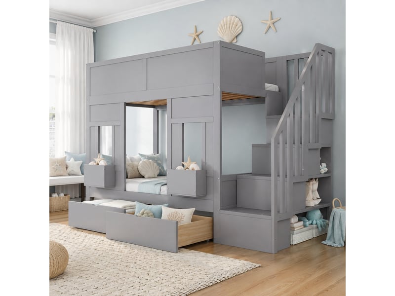 Lit superposé enfant,90x200 cm,avec escalier de rangement et tiroirs,gris - Conforama B