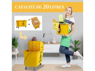 Chariot de ménage chariot de lavage essoreuse latérale seau 20 l, poignée et serpillère, jaune, 45 x 26,5 x 70 cm