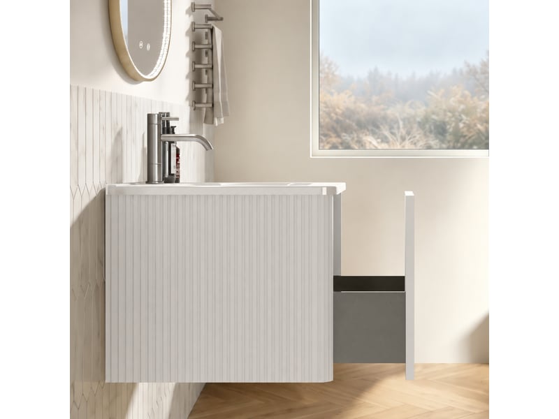  Ensemble meuble salle de bains 80 cm avec meuble vasque suspendu blanc et miroir led  - Conforama E