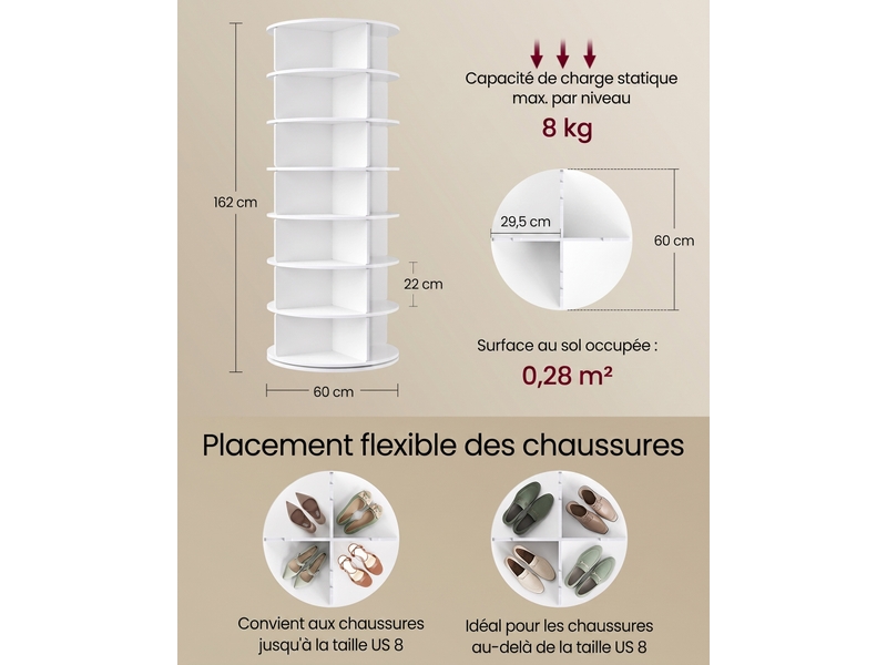  Étagère à chaussures rotative en pvc à 7 niveaux pour 28 paires, tour de rangement, 60 x 60 x 162 cm, blanc  - Conforama D