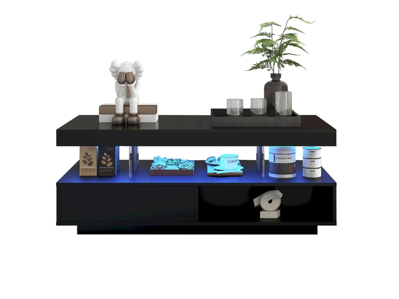 Table basse led avec 2 tiroirs, 2 niches et 4 inserts en verre, plateau brillant pour salon, noir, 95 × 50 × 42,5 cm - Conforama A