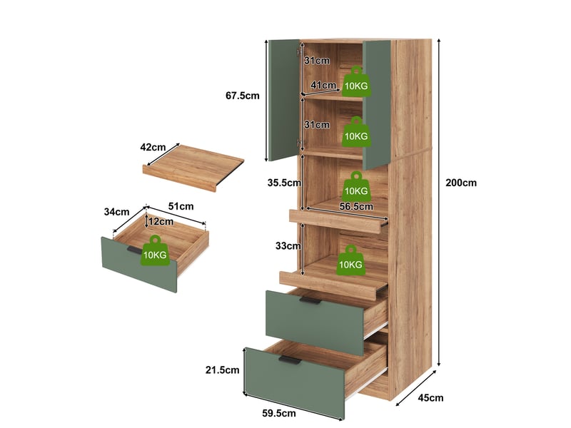 Buffet de cuisine - 59.5x45x200 cm - meuble de rangement haute avec portes, tiroirs, tablettes et anti-basculement - vert - Conforama E