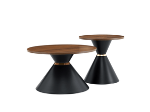Lot de 2 tables basses rondes fixes avec plateaux en mélamine, bases coniques en métal noir mat et décor noyer
