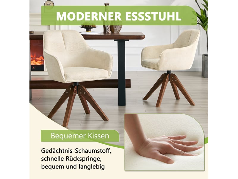  Chaise de salle à manger pivotante à 360 degrés avec accoudoirs et dossier ergonomique, en tissu crème et bois noyer  - Conforama E