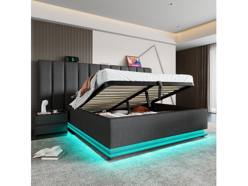  Modenvie lit coffre 180x200 cm - avec led sur 360 degres, ports usb et usb-c, avec matelas - gris  - Conforama E