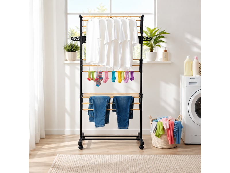 Étendoir à linge pliable modulable 3 niveaux effet bois avec 4 roulettes et support cintres-longueur 80 x profondeur 42 x hauteur 165 cm - Conforama D