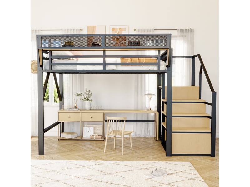 Lit mezzanine 140x200 cm en métal avec échelle de sécurité et rangement noir  - Conforama D