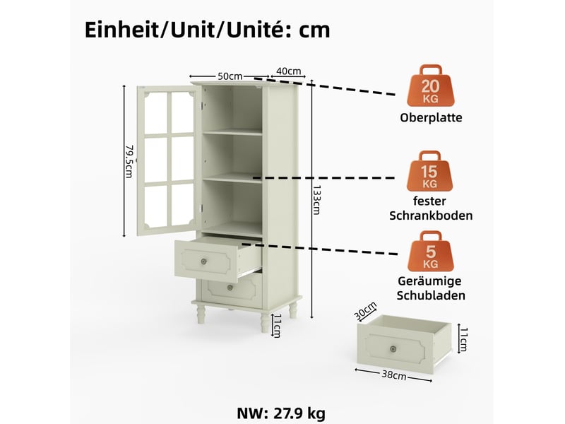  Buffet haut vitré avec 2 tiroirs en mdf blanc crème, 50x40x133 cm  - Conforama C