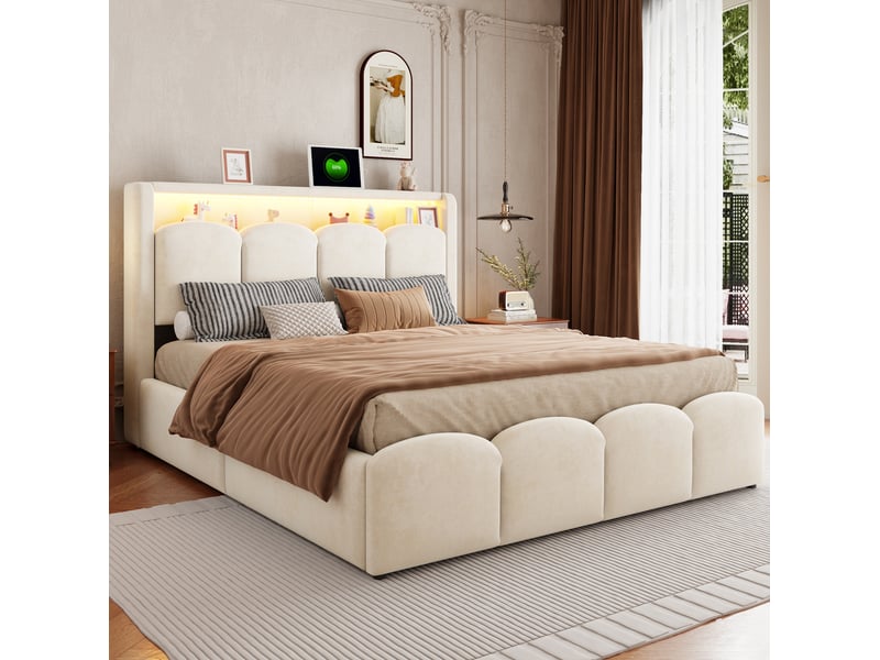  Lit double 140 × 200 cm avec coffre hydraulique, rangements tête de lit, led et prises usb, beige, pour chambre  - Conforama D