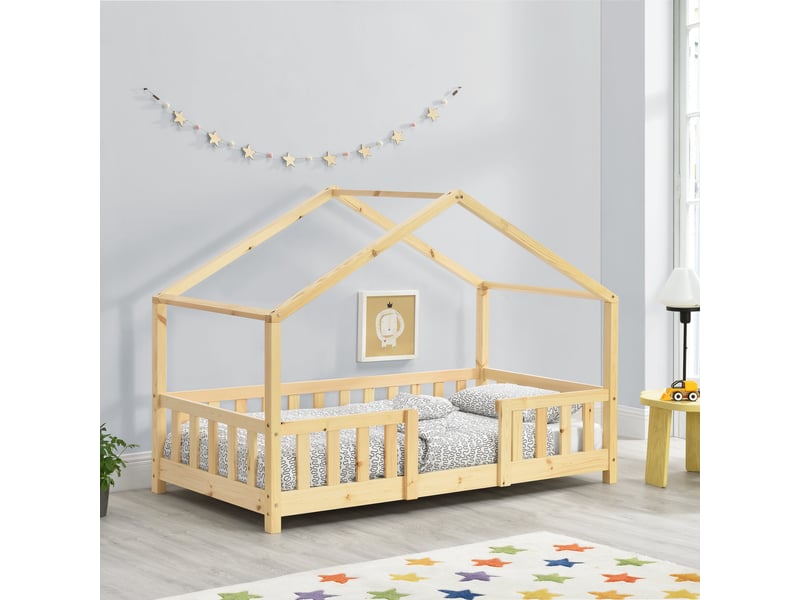  Lit cabane pour enfant forme de maison avec barrière de sécurité en bois de pin couleur naturel 70 x 140 cm 03_0005462  - Conforama B