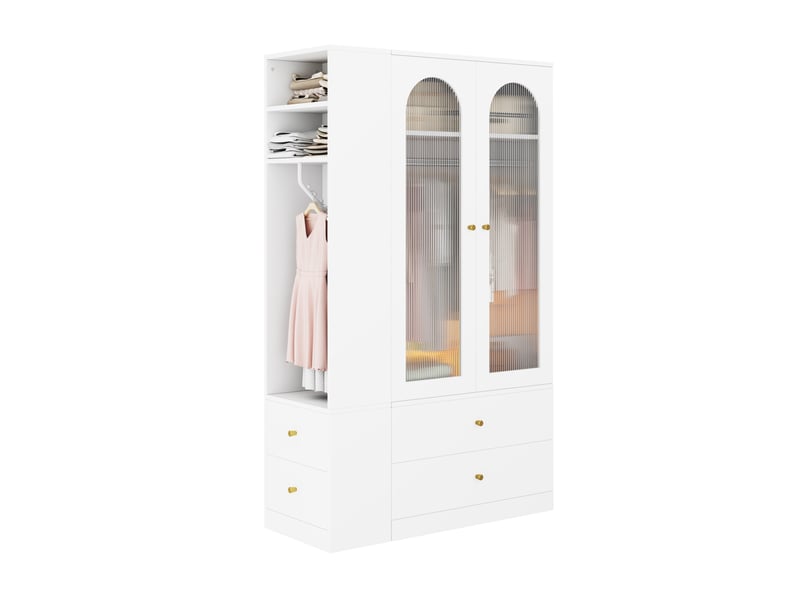  Armoire 120x50x200 cm, 4 tiroirs et 2 portes vitrées, mdf blanc, rangement chambre, vêtements et accessoires, dressing  - Conforama A