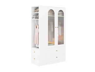 Armoire 120x50x200 cm, 4 tiroirs et 2 portes vitrées, mdf blanc, rangement chambre, vêtements et accessoires, dressing