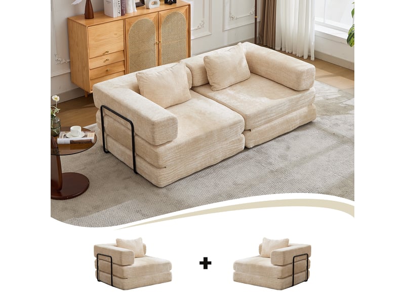  Canapé convertible 2 places - 200x100x63cm - canapé lit modulaire tissu chenille matelas ressorts ensachés - beige  - Conforama D