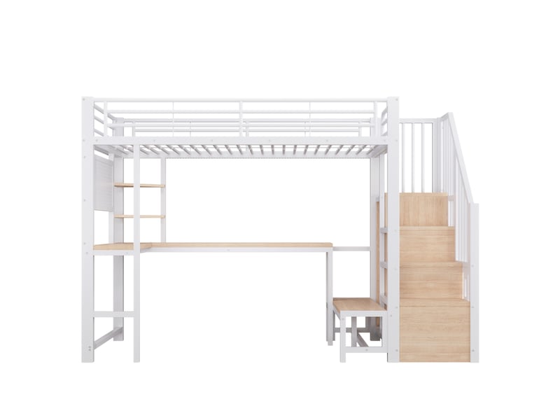  Lit mezzanine, 90 × 200 cm, blanc, bureau, led, usb + type-c, armoire-échelle, panneau perforé, étagères, sans matelas  - Conforama A