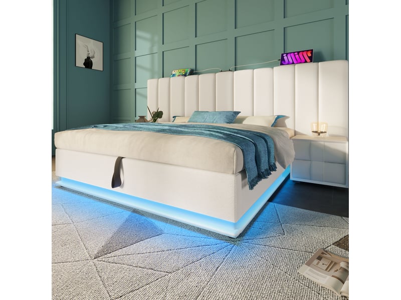  Lit coffre adulte 160x200 cm – blanc – led 360°, ports usb et usb-c, rangement hydraulique – sans matelas  - Conforama B