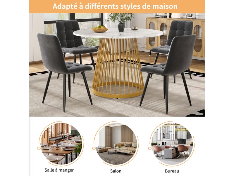  Table ronde ø 80 cm, table de salle à manger, effet marbre, pieds en métal, mdf, blanc et doré  - Conforama R