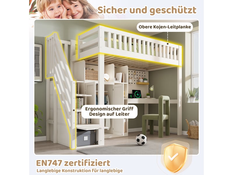 Lit mezzanine enfant 90x200 cm avec bureau armoire escalier de rangement étagères prises usb usb-c sommier pin mdf blanc evarich - Conforama E