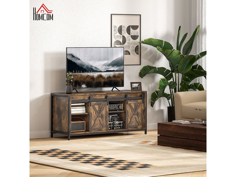  Meuble tv industriel 120 × 40 × 54 cm avec 2 portes coulissantes - lpospi - panneaux dérivés de bois marron  - Conforama C