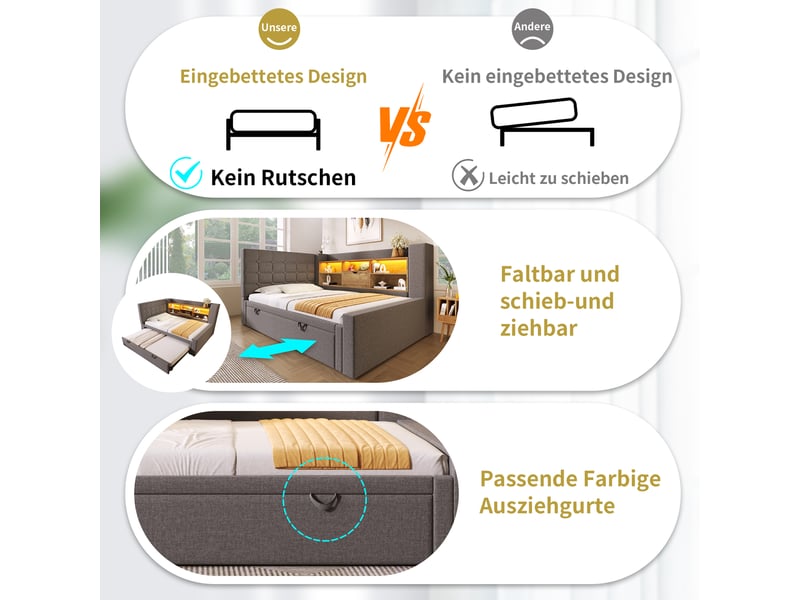  Lit gigogne 90x200 cm avec rangement et led intégré - tête de lit en l, ports usb, lin gris  - Conforama R