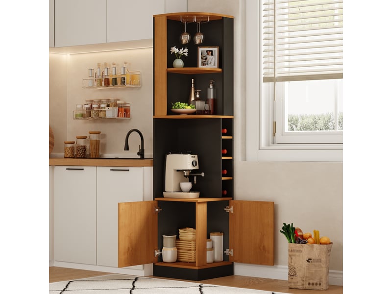  Meuble de cuisine muvano, meuble à vin d'angle en mdf noir avec porte-verres, 40 × 40 × 182 cm  - Conforama C