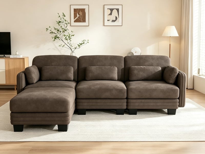  Canapé d’angle 3 places en l, modules combinables librement, revêtement en chenille, 1 ottomane, 253 × 143 × 88 cm, marron  - Conforama B