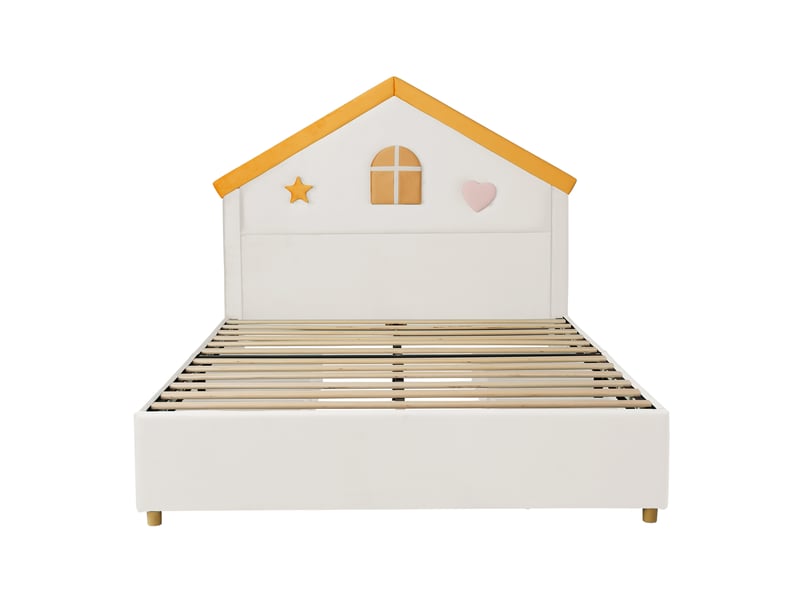  Lit cabane enfant 140x200 cm beige en velours, lit rembourré avec tête maison, 4 tiroirs de rangement  - Conforama E