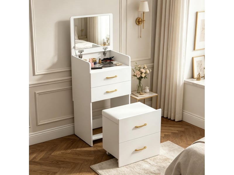 Coiffeuse 3 en 1 blanche en mdf avec miroir rabattable, 2 tiroirs et tabouret à roulettes pour la chambre  - Conforama B