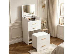 Coiffeuse 3 en 1 blanche en mdf avec miroir rabattable, 2 tiroirs et tabouret à roulettes pour la chambre