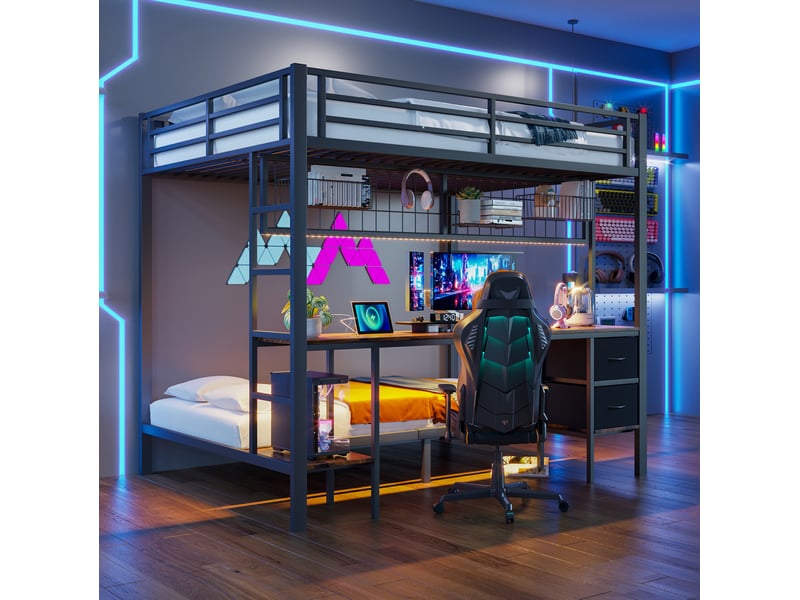  Lit superposé enfant 140x200 cm avec bureau led et rangements noir  - Conforama D