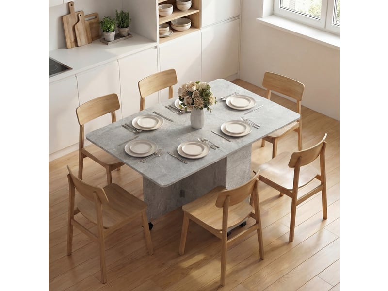  Table de salle à manger pliante sur roulettes avec 2 tiroirs, 2 portes et un placard, en bois, 140 x 76 x 74 cm, gris ciment  - Conforama D