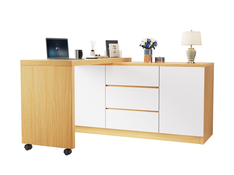 Bureau pivotant à 360 degrés, bureau d'angle modulable avec tiroirs, bureau blanc et chêne pour espace de travail.  - Conforama A
