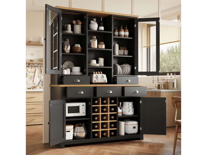 Armoire multi-usages noir, anti-bascule, pour cuisinesalon, porte vitrée, poignées métal, fermeture douce, rangement vin amovible. - Conforama D