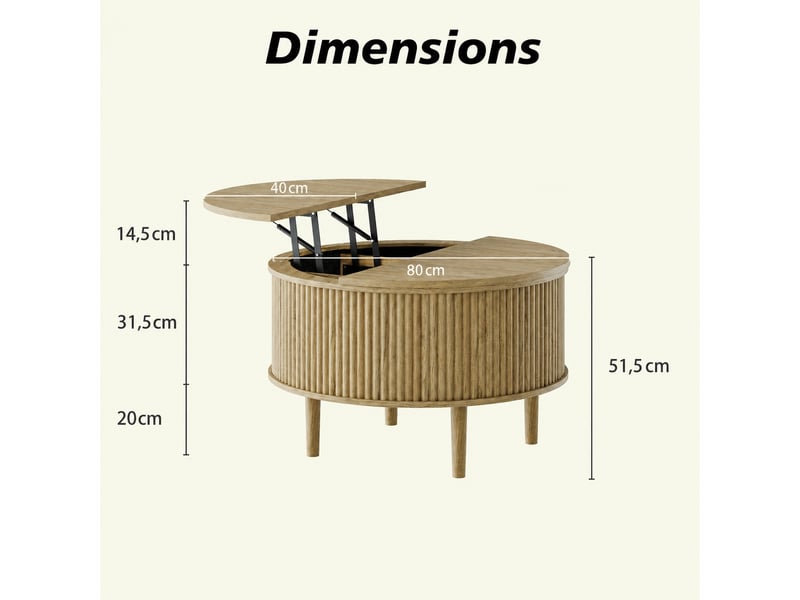  Table basse ronde couleur naturelle avec plateau rabattable, grand espace de rangement caché, design ondulé style rétro, 80x80x50 cm  - Conforama C