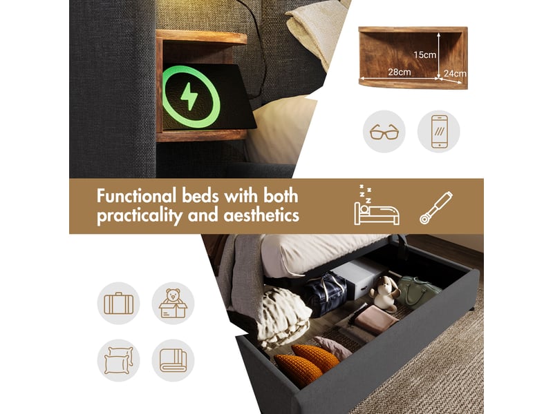 Lit double avec coffre 160x200 cm, tête de lit avec étagère, lampe de lecture, usb, sommier à lattes, tissu lin, gris  - Conforama W