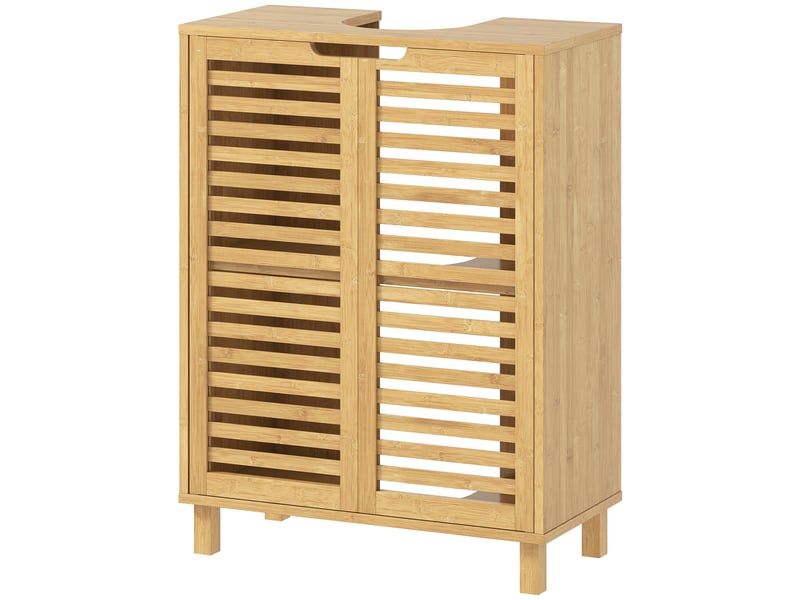  Meuble sous-évier avec 2 portes à lattes de bambou, étagère réglable pour éviers avec ou sans colonne, finition naturelle  - Conforama B