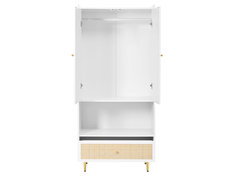  Armoire chambre 80x48x175 cm - 2 portes, penderie, tiroir en rotin pe, étagère ouverte, blanc  - Conforama W
