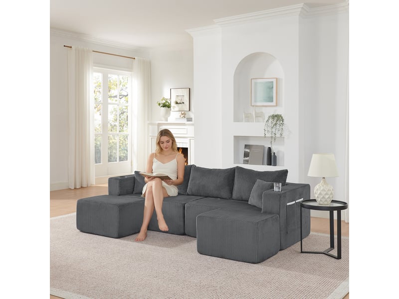  Canapé d'angle, canapé modulable, 3 places, en velours tricoté, gris, porte-gobelets, poches latérales  - Conforama R