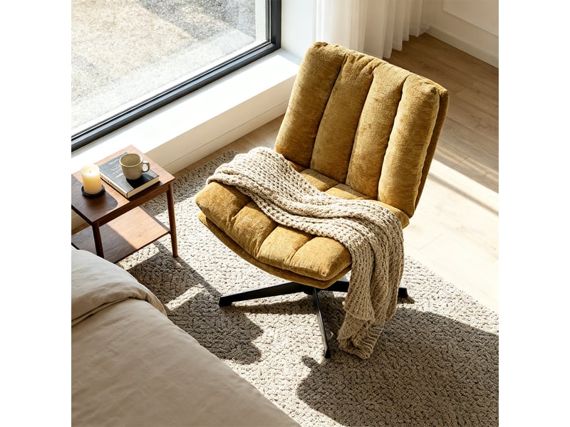  Fauteuil salon pivotant sur 360°, réglable en hauteur, sans accoudoirs, en tissu chenille, jaune  - Conforama W