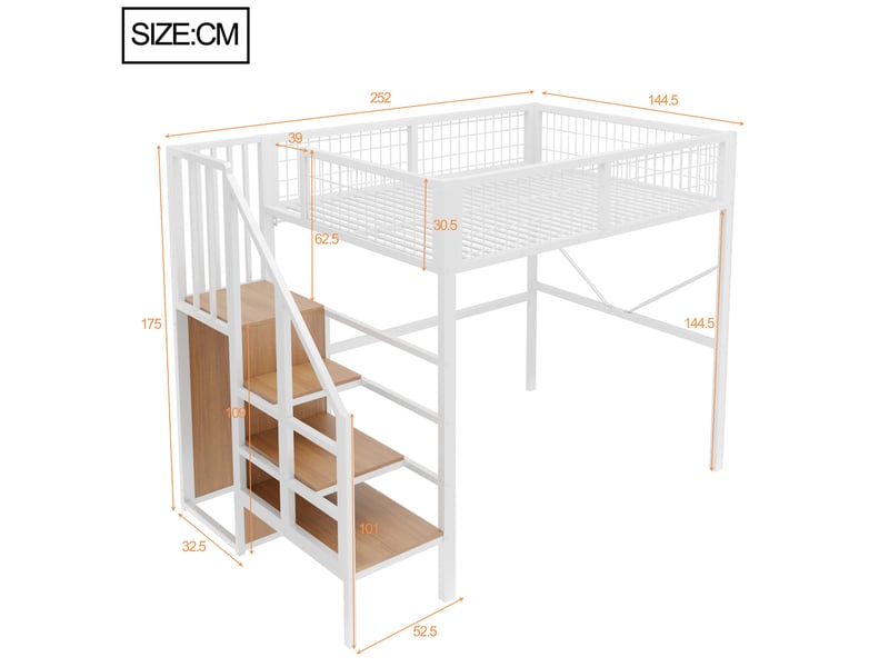  Lit mezzanine 140x200 cm blanc en métal avec escalier de rangement et led  - Conforama C